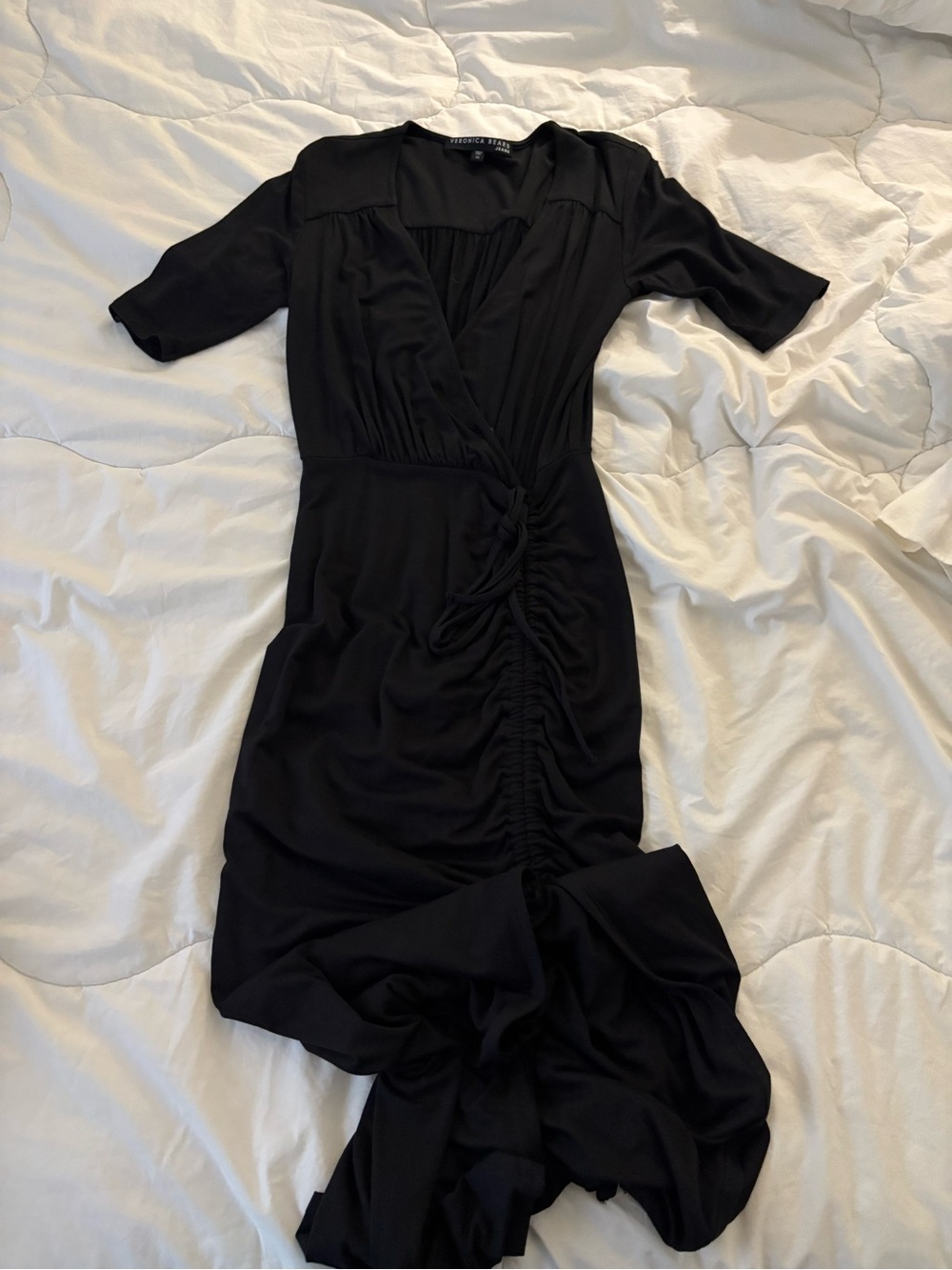 Veronica Beard Black Ruched V neck Midi Dress